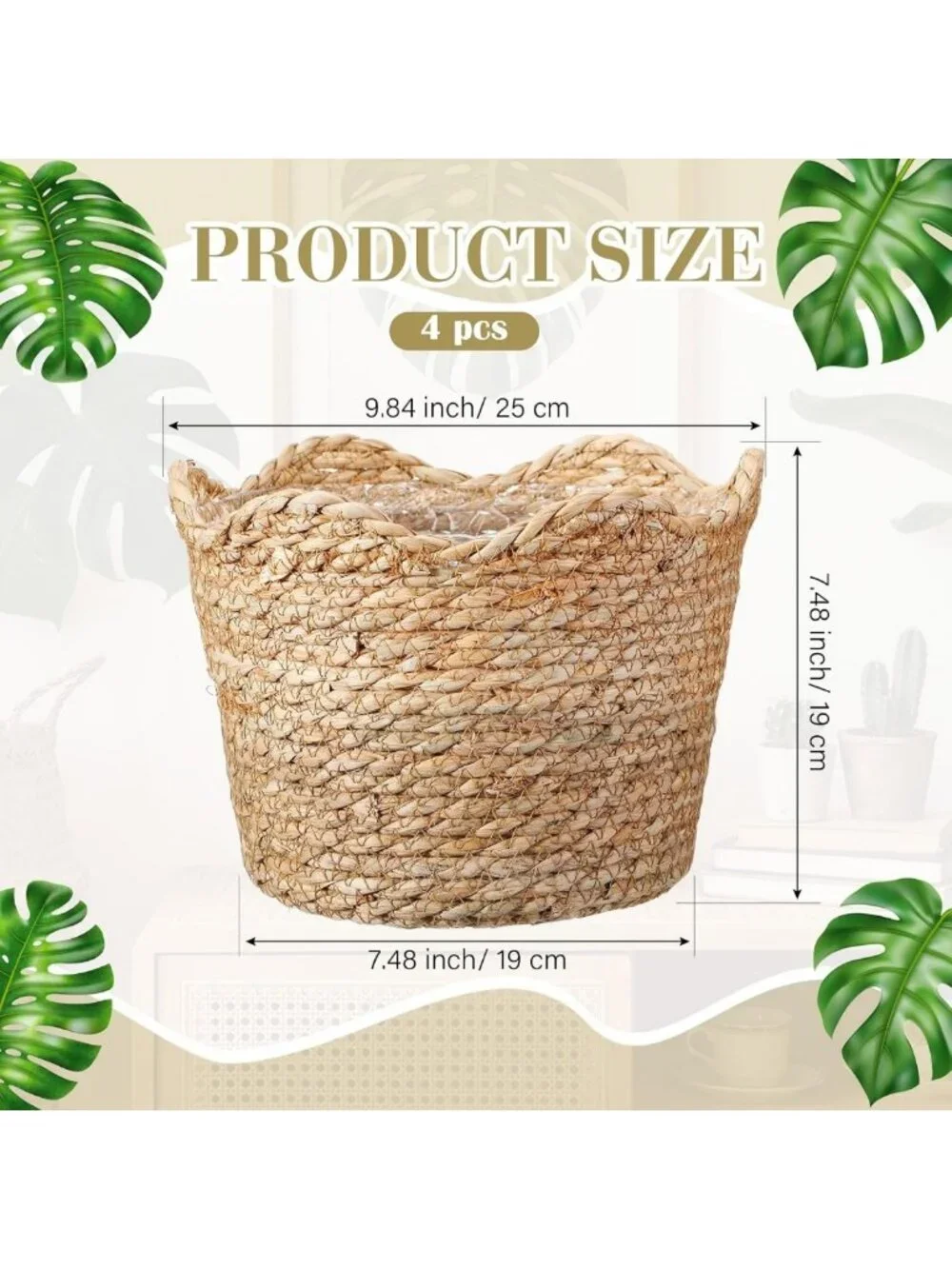 4 Large Seagrass Planter Baskets with Plastic Lining - Woven Storage Bins for